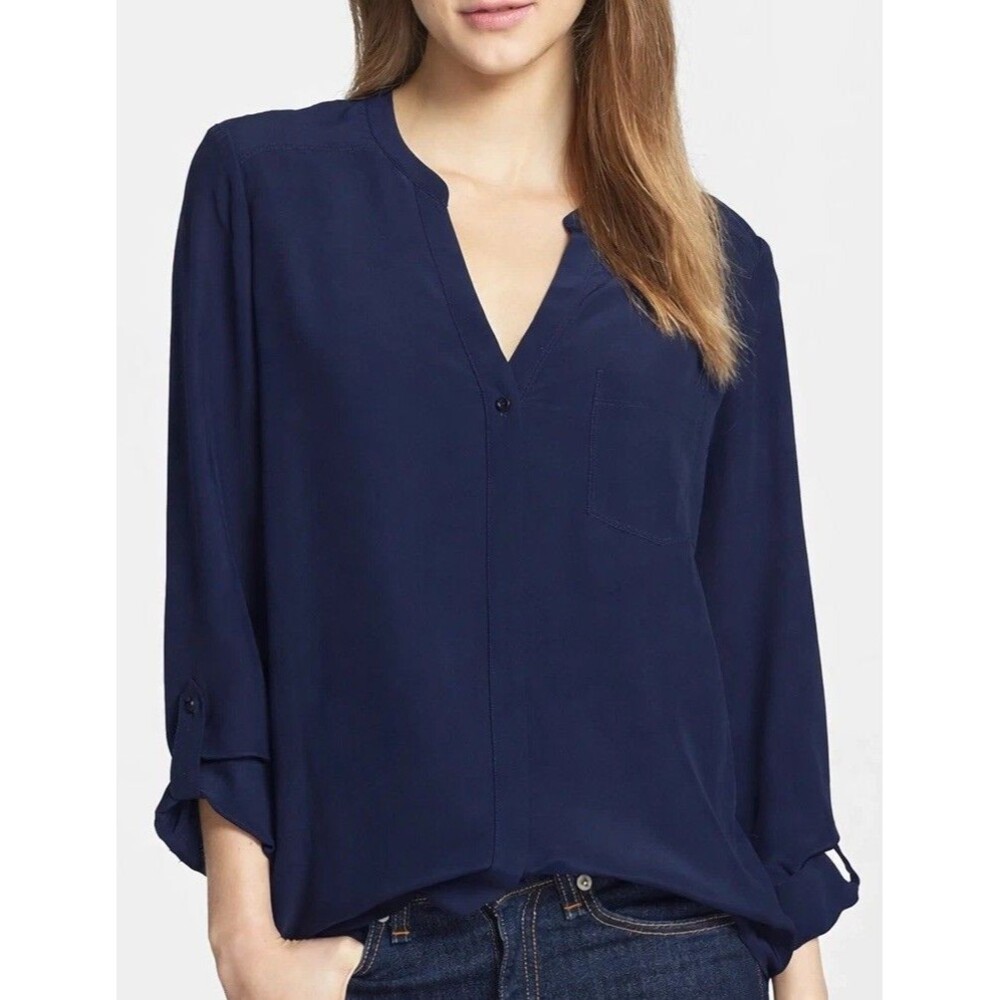 Trouve Silk Blouse Womens XS Navy Blue V Neck Button Front Long Sleeve